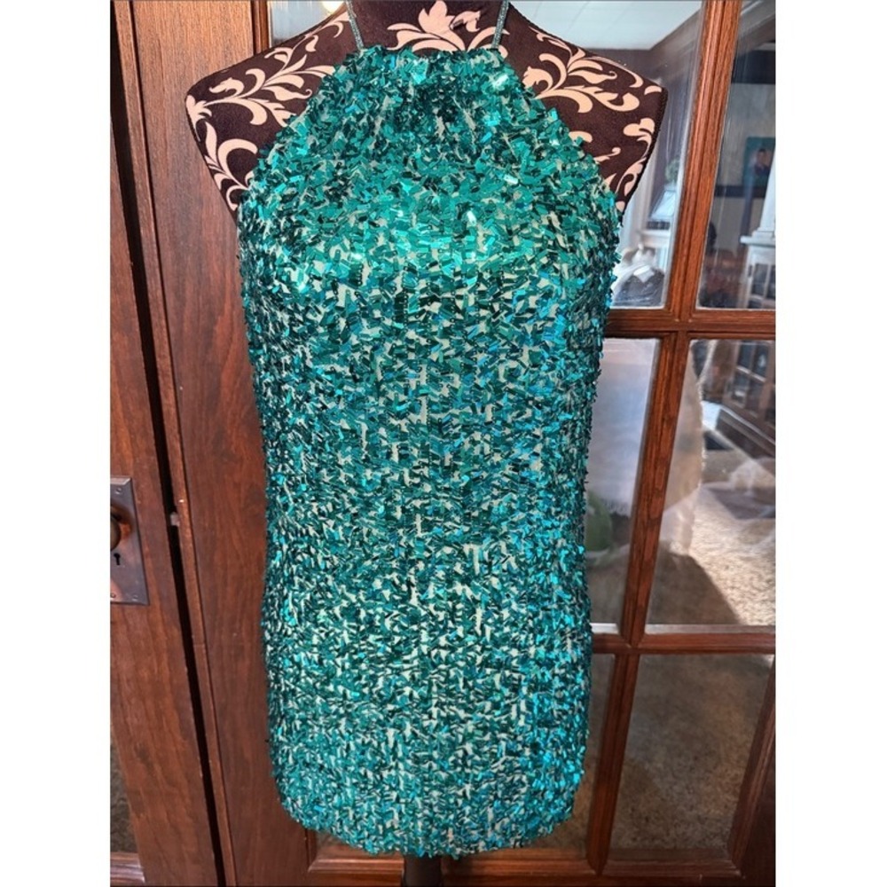 Lucy In The Sky Teal Green Sequin Fringe Halter Mini Dress Open Back Rhinestone